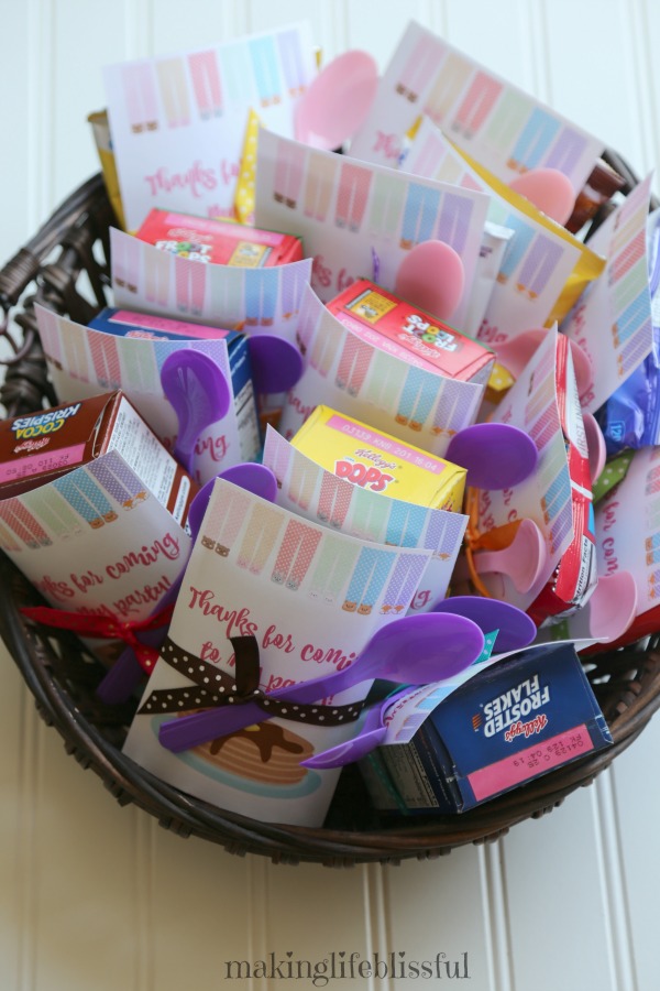 Cereal Party Favors for Sleepover Pajama Party plus printables