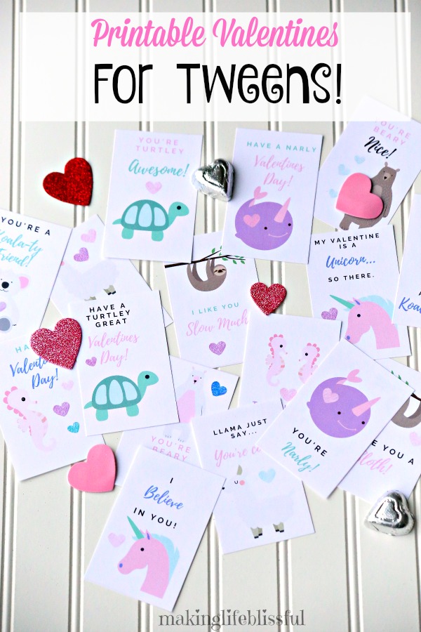 Printable tween Valentines! Sloths, llamas, unicorns, narwhals, turtles, seashorse, and more!